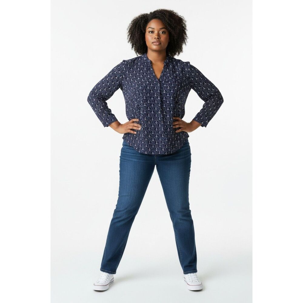 Express Portofino Anchor Button Down Blouse Women's XS Navy Blue EUC